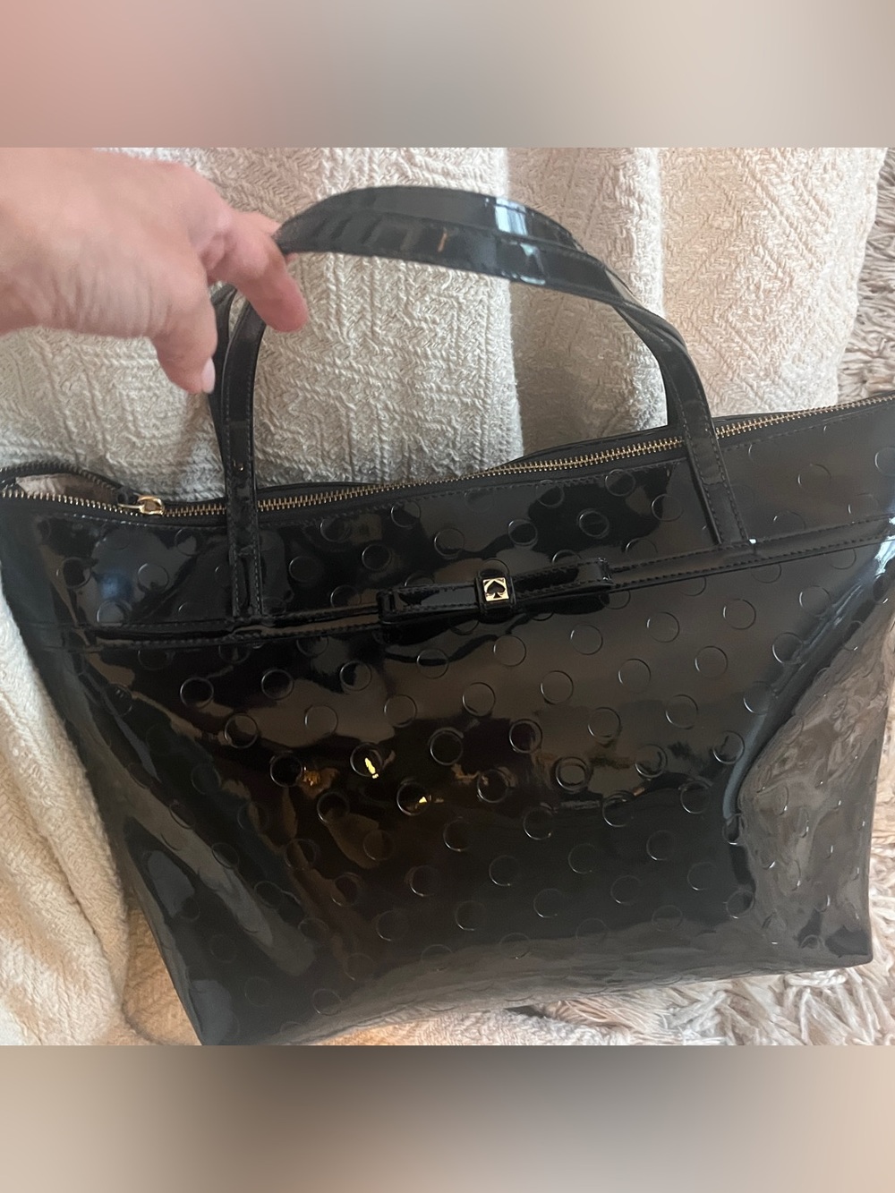 Kate Spade  Black Patent Tote with Dot Embossing and small bow tie accent.